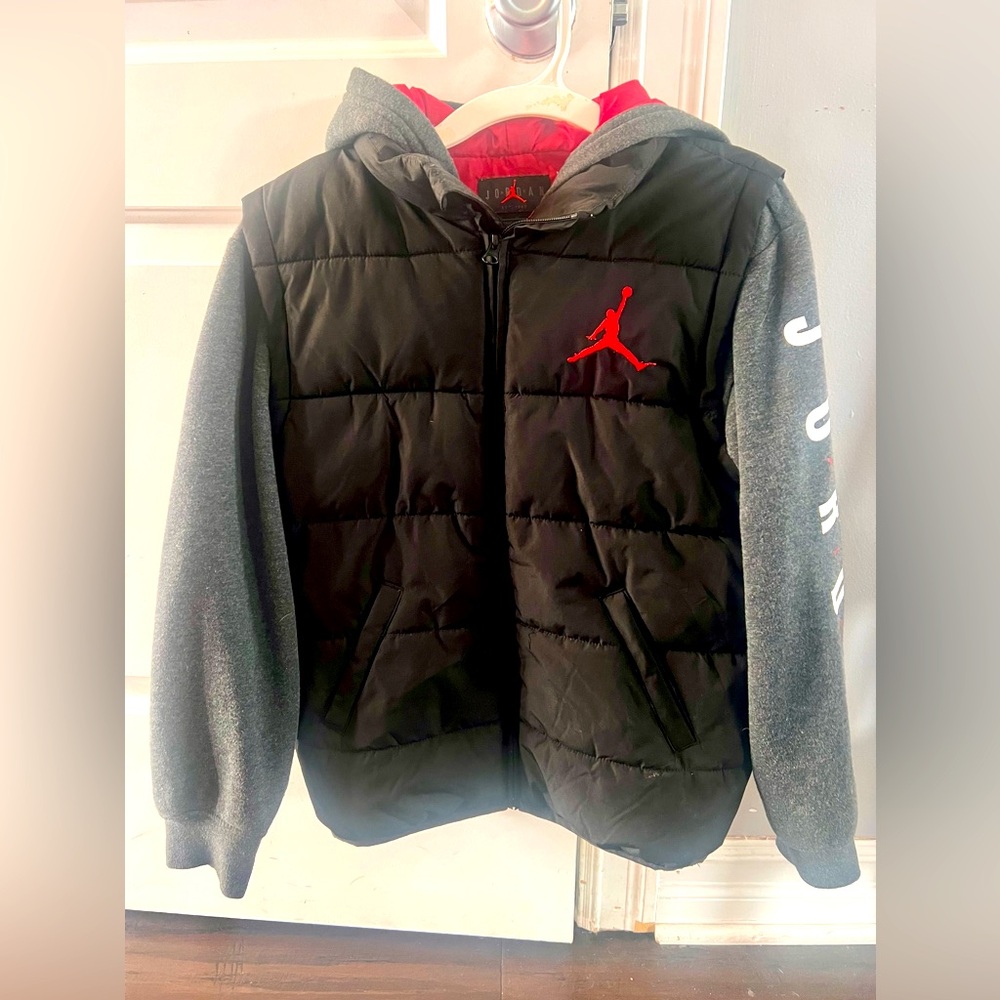 Kids Jordan Black and Gray Jacket with Red Logo